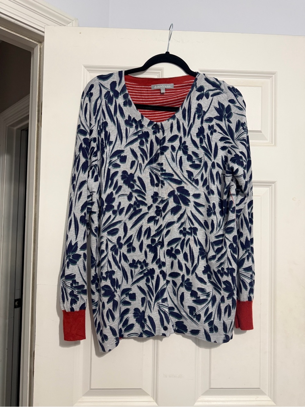 Daniel Rainn Navy Floral Crewneck Sweater with Rusty Red Trim